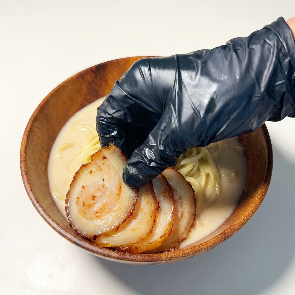 Sorgfältig arrangierte Scheiben vom Schweinebauch werden auf die Nudeln gelegt.