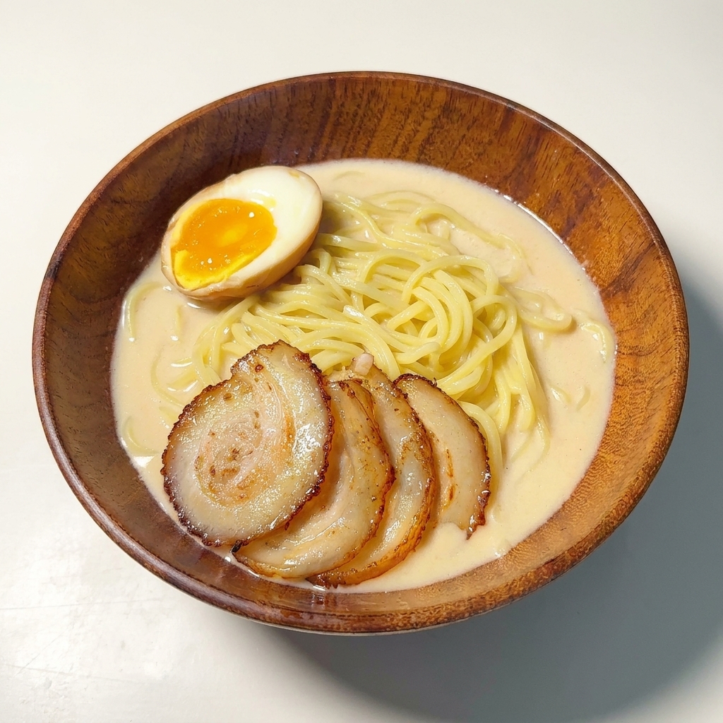 Eine Schale Ramen mit Chashu und einem halbierten Ei mit flüssigem Kern.