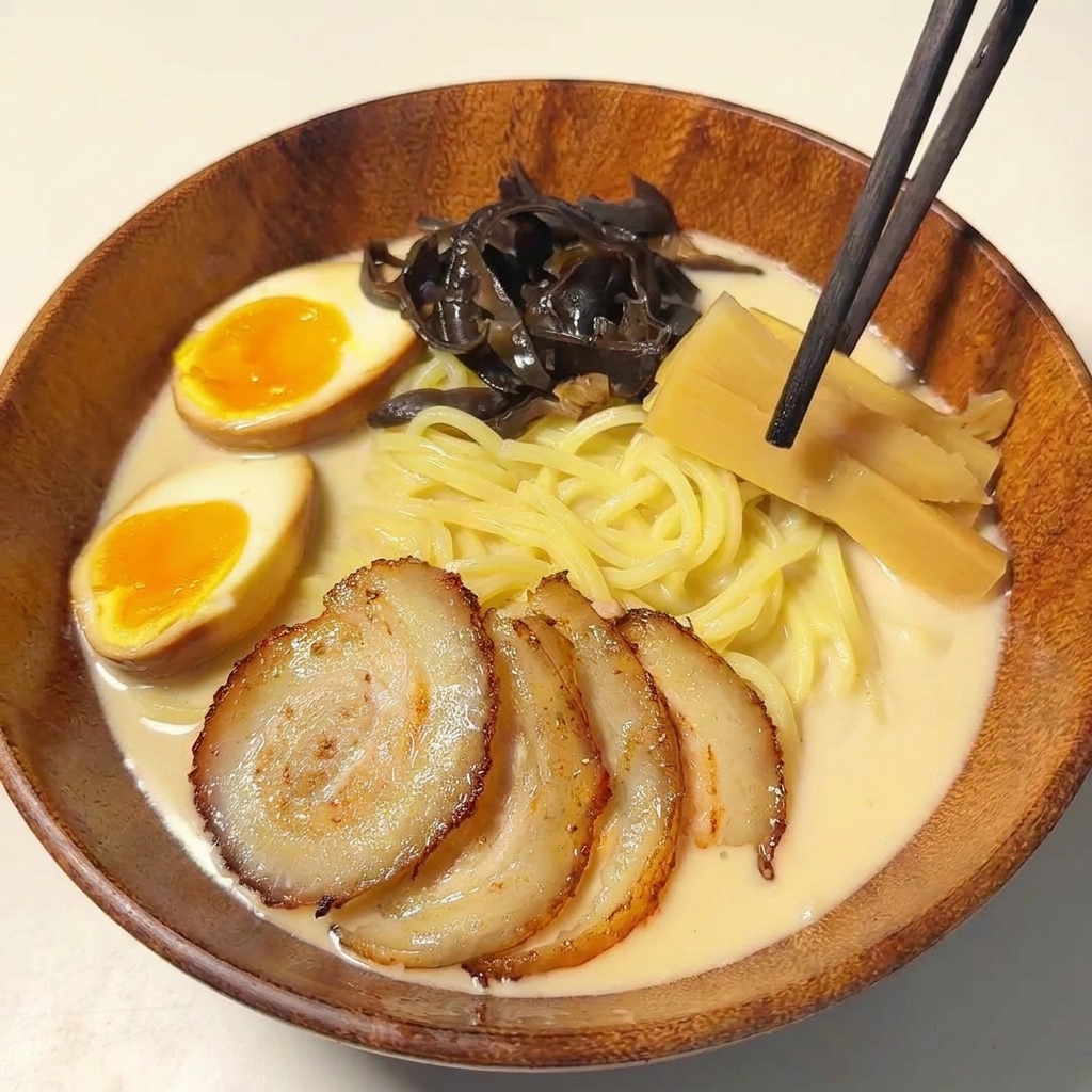 Stäbchen legen Bambussprossen auf das Ramen.