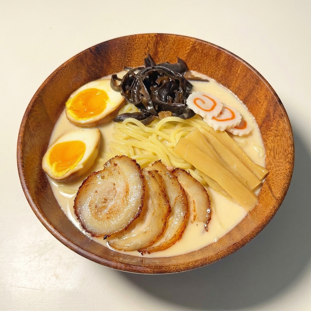 Eine Scheibe Narutomaki auf einer Schale Ramen.