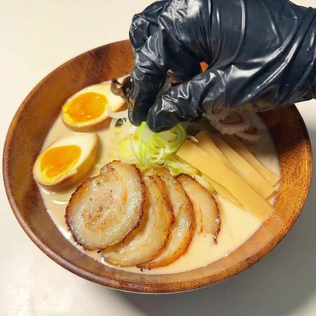 Gehackte Frühlingszwiebeln werden über die fertige Schale gestreut.