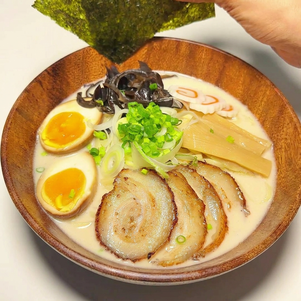 Knusprige Nori-Blätter werden am Rand der Ramenschale platziert.