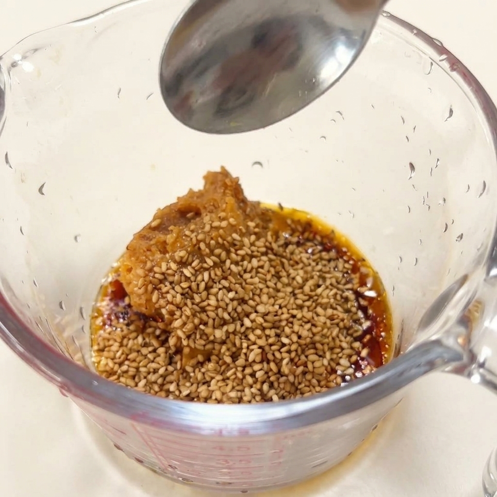 Ein Messbecher mit Misopaste und geröstetem Sesam, darüber ein Löffel.