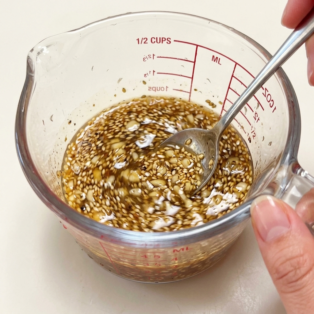 Ein Metalllöffel rührt die Mischung aus heißer Brühe, Sesam und Gewürzen kräftig um.