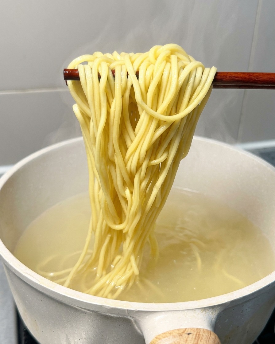 Gekochte gelbe Ramennudeln werden mit Stäbchen aus einem Topf mit kochendem Wasser gehoben.