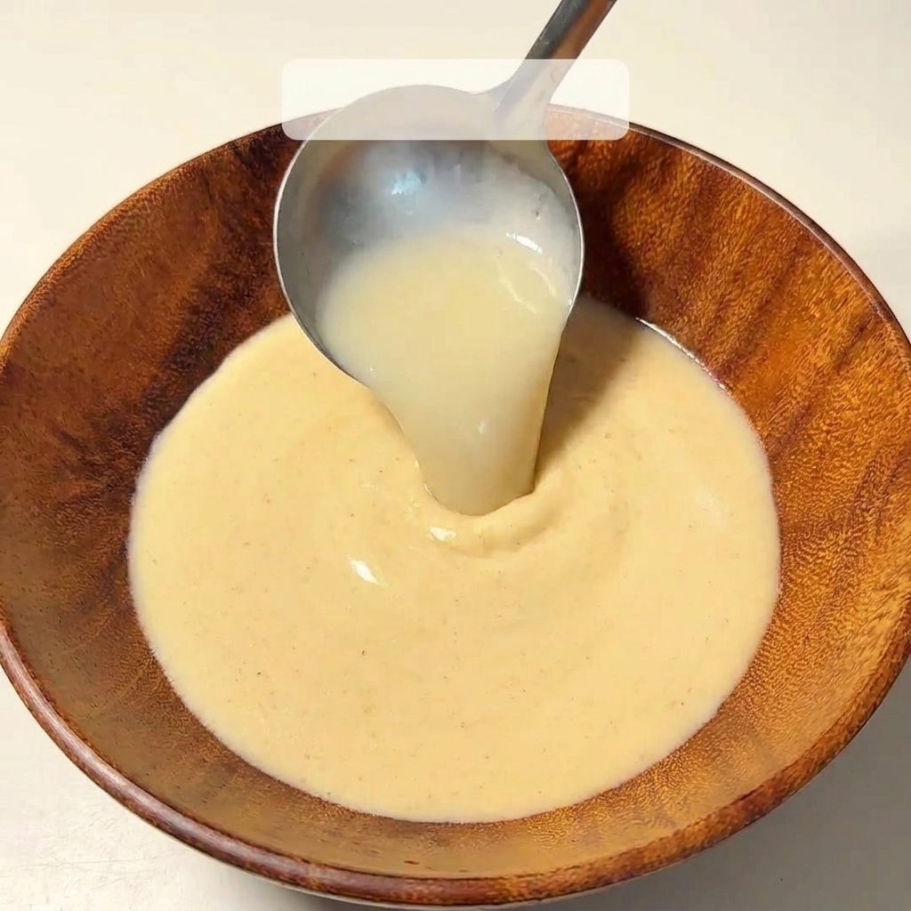Eine Schöpfkelle gießt heiße Tonkotsu-Brühe in eine Holzschale.