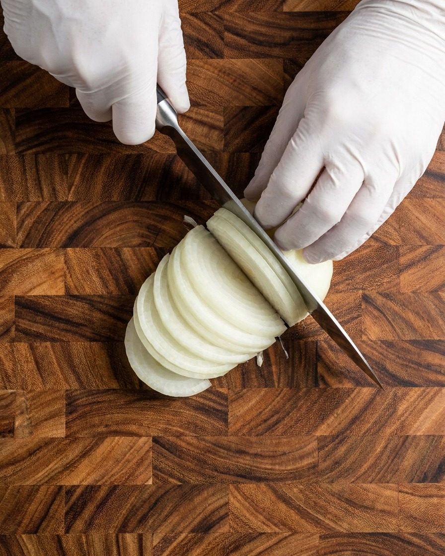Dünne Zwiebelscheiben werden auf einem Holzschneidebrett vorbereitet.