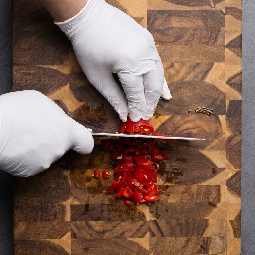 Leuchtend rote Chilischoten werden mit einem Messer fein gehackt.