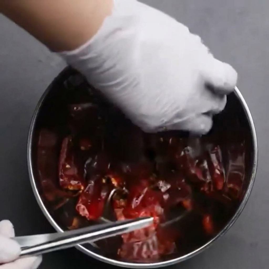 Ganze getrocknete rote Chilis werden in einer Edelstahlschüssel mit Wasser untergetaucht.