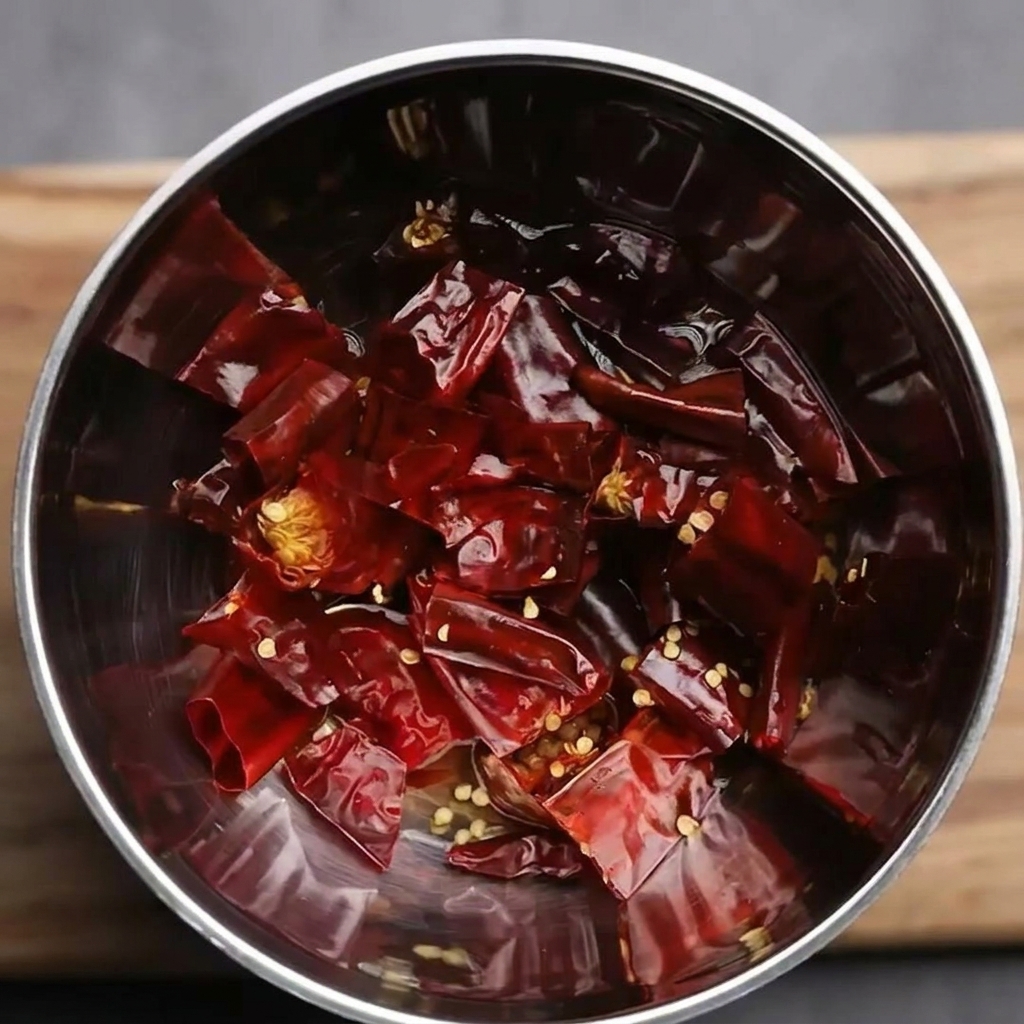 Eingeweichte rote Chilis werden zusammen mit dem Gerstenbrei in den Mixer gegeben.