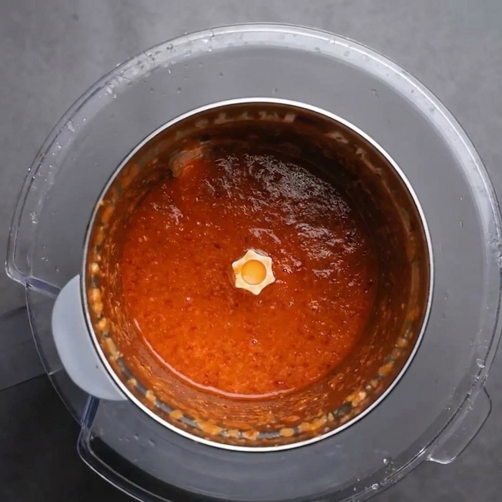 Eine glatte, leuchtend rote Chilipaste im Inneren eines Mixers.