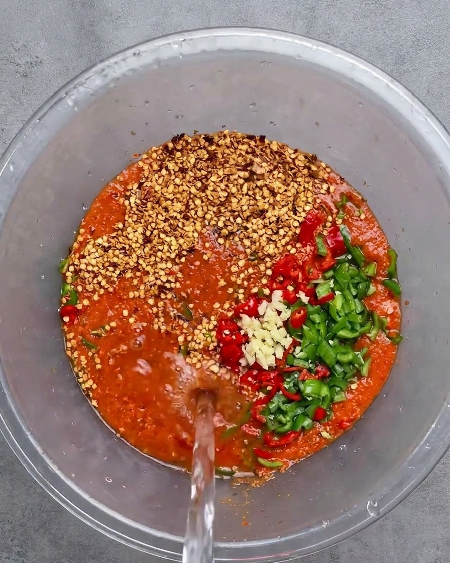 Frisches Wasser wird in die Schüssel mit der gewürzten Chilipaste gegossen.