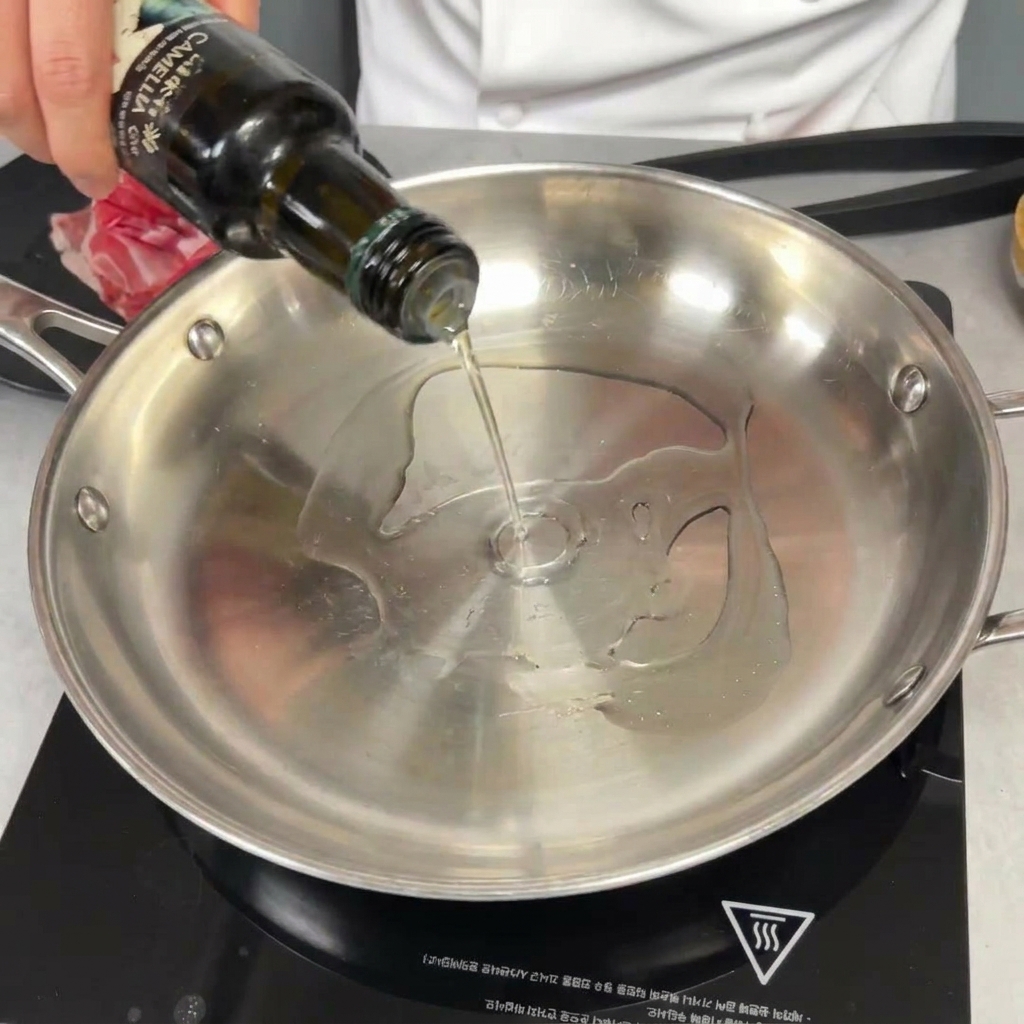 Ein dünner Strahl Speiseöl wird aus einer Flasche in eine Edelstahlpfanne gegossen.