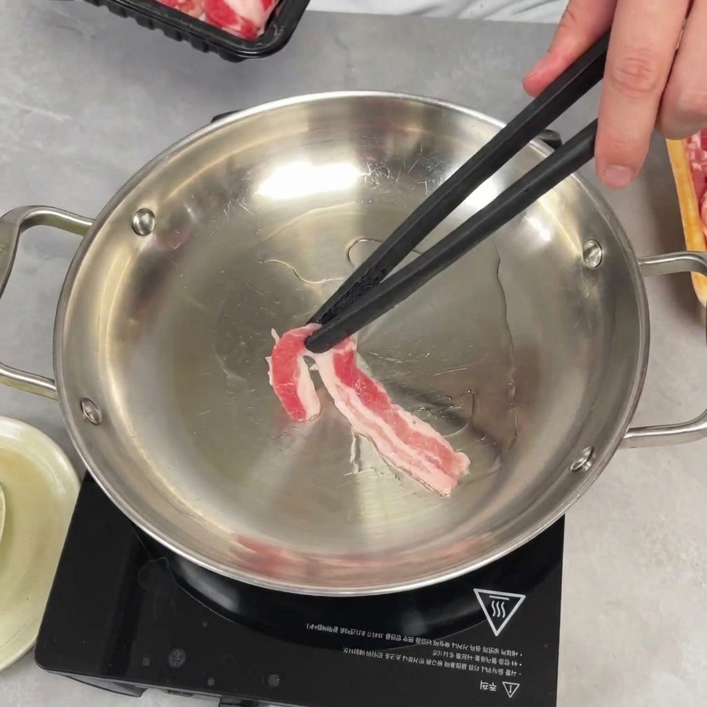 Dünne Scheiben roher Schweinebauch werden mit Stäbchen in eine geölte Pfanne gelegt.