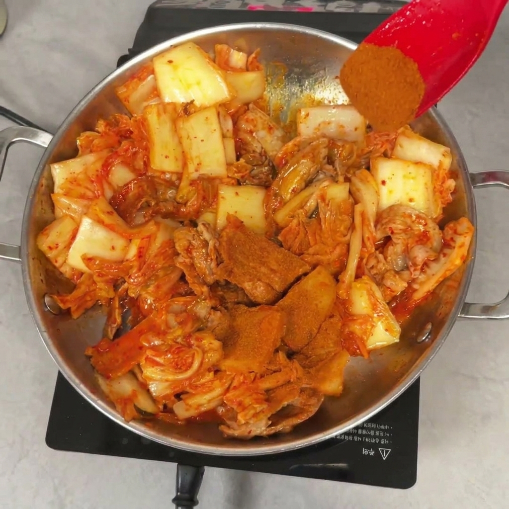 Feines rotes Chilipulver wird mit einem Spatel über das Fleisch und das Kimchi gestreut.
