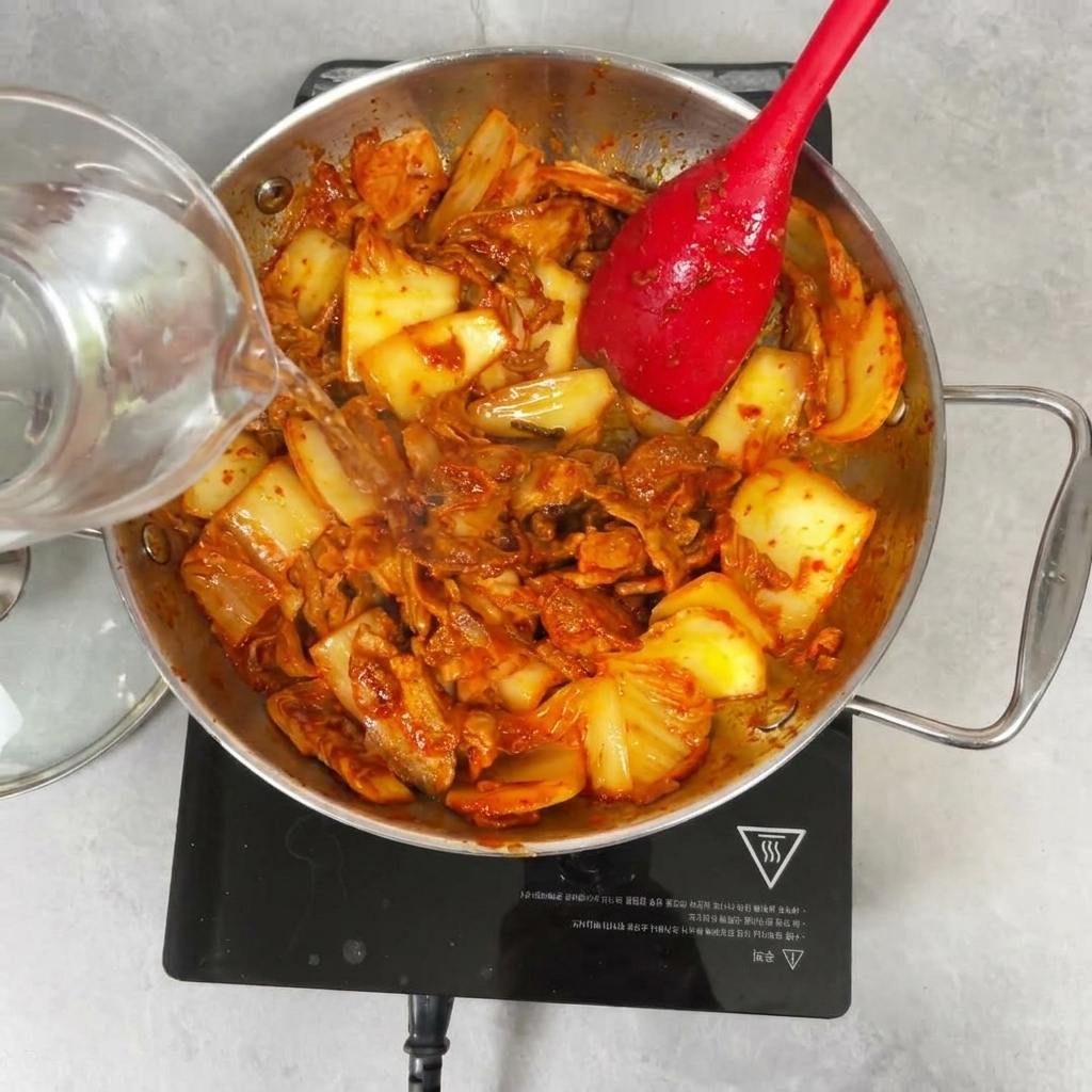 Wasser wird aus einem Messbecher in die Pfanne mit dem Kimchi und dem Fleisch gegossen.