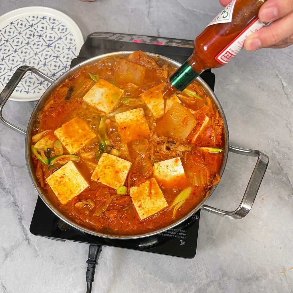 Einige Spritzer scharfe Chilisauce werden direkt in den Kimchi-Eintopf gegeben.
