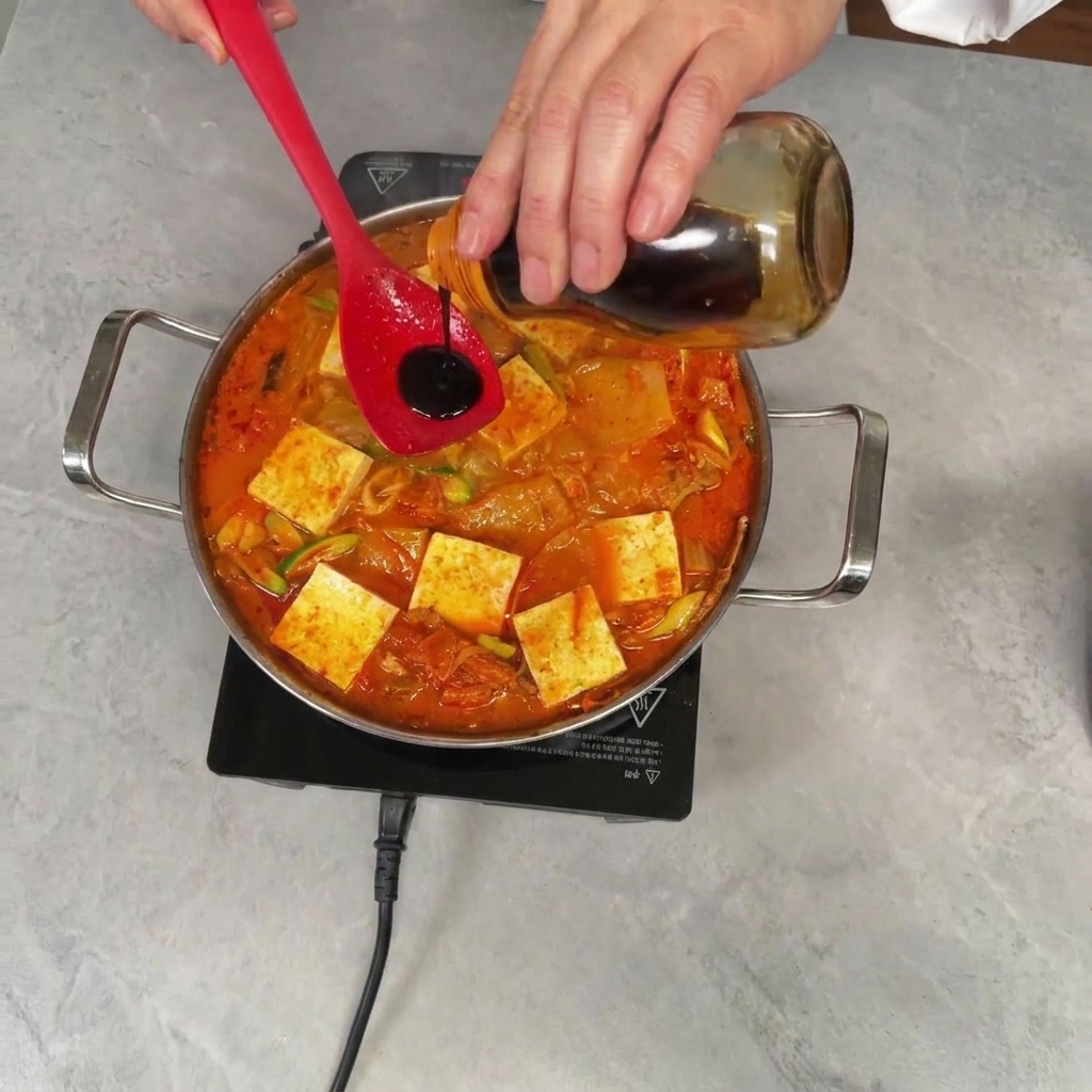 Dunkle Sojasauce wird über einen Spatel in den köchelnden Topf mit Tofu gegossen.