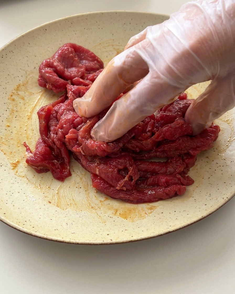 Eine Hand mit einem durchsichtigen Plastikhandschuh massiert die dunkle Marinade in das rohe Rindfleisch ein.