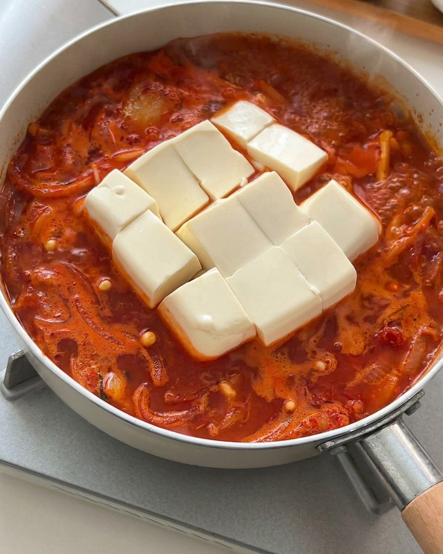 Ein großer Block Seidentofu, in Quadrate geschnitten, wird vorsichtig in den kochenden Kimchi-Eintopf gelegt.