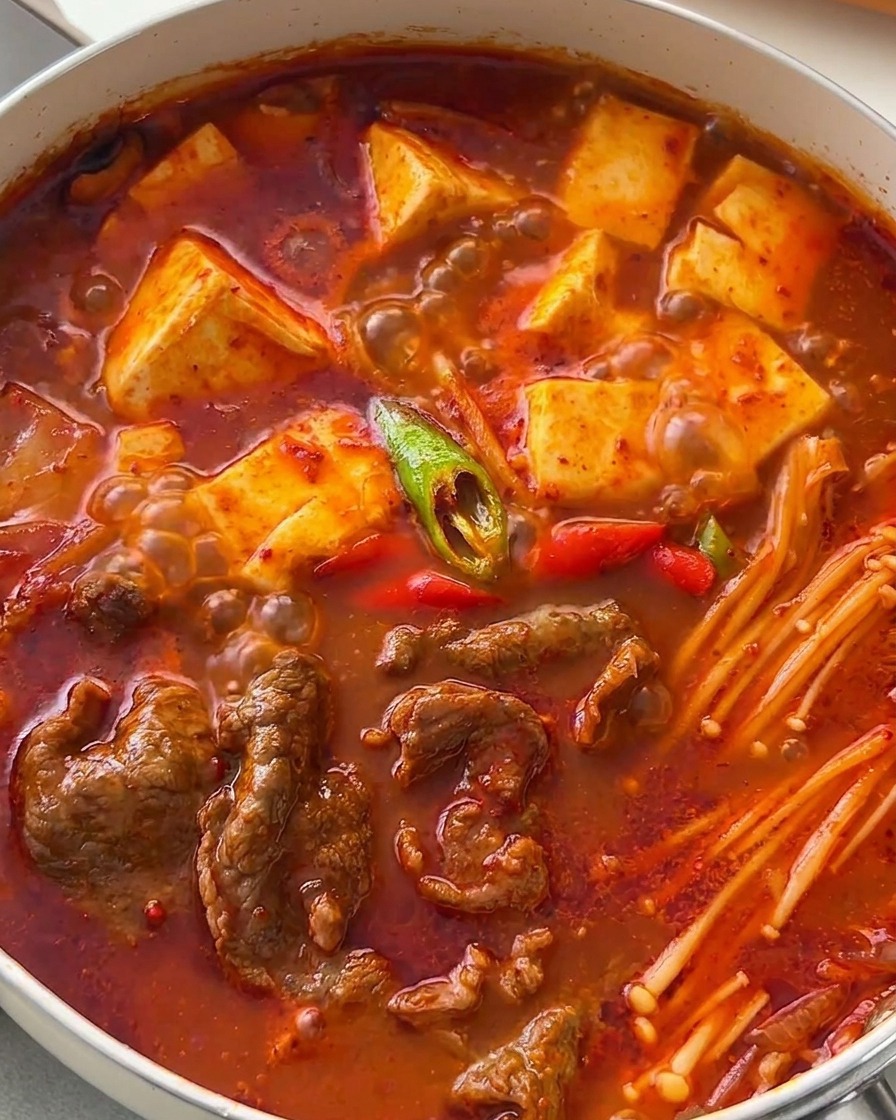 Ein dampfender Topf mit koreanischem Eintopf, garniert mit grünen und roten Chiliringen.