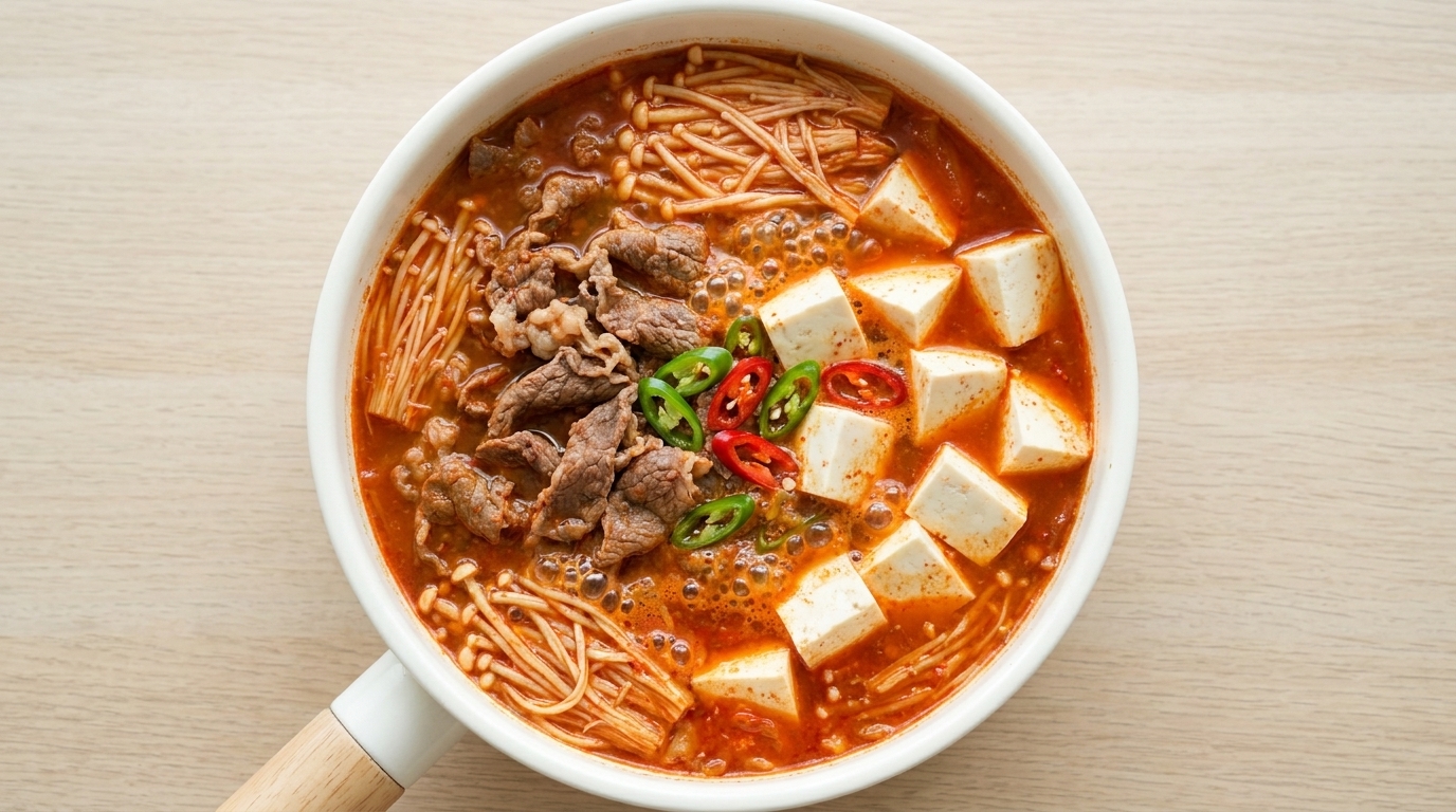 Scharfer Kimchi-Eintopf mit Rindfleisch und Tofu