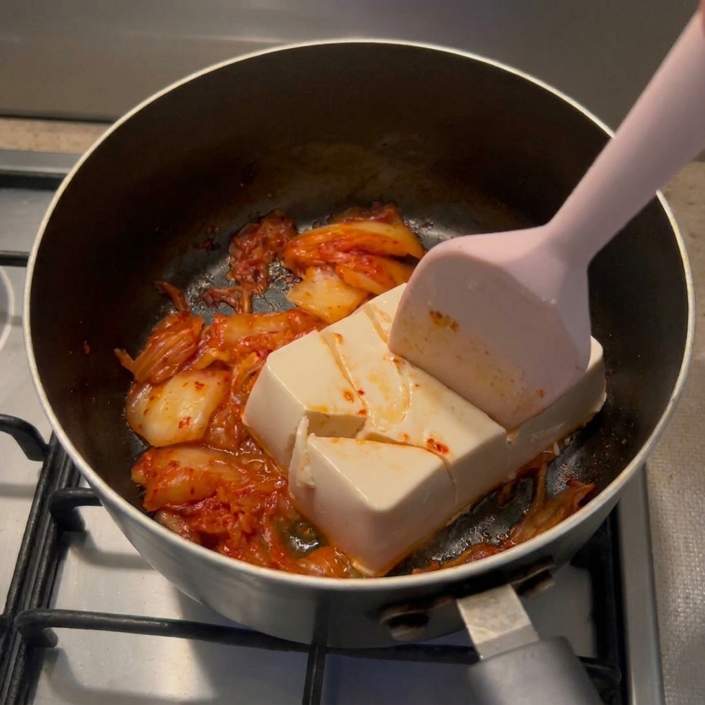 Ein Pfannenwender zerteilt einen Block Seidentofu in grobe Stücke direkt über dem Kimchi.