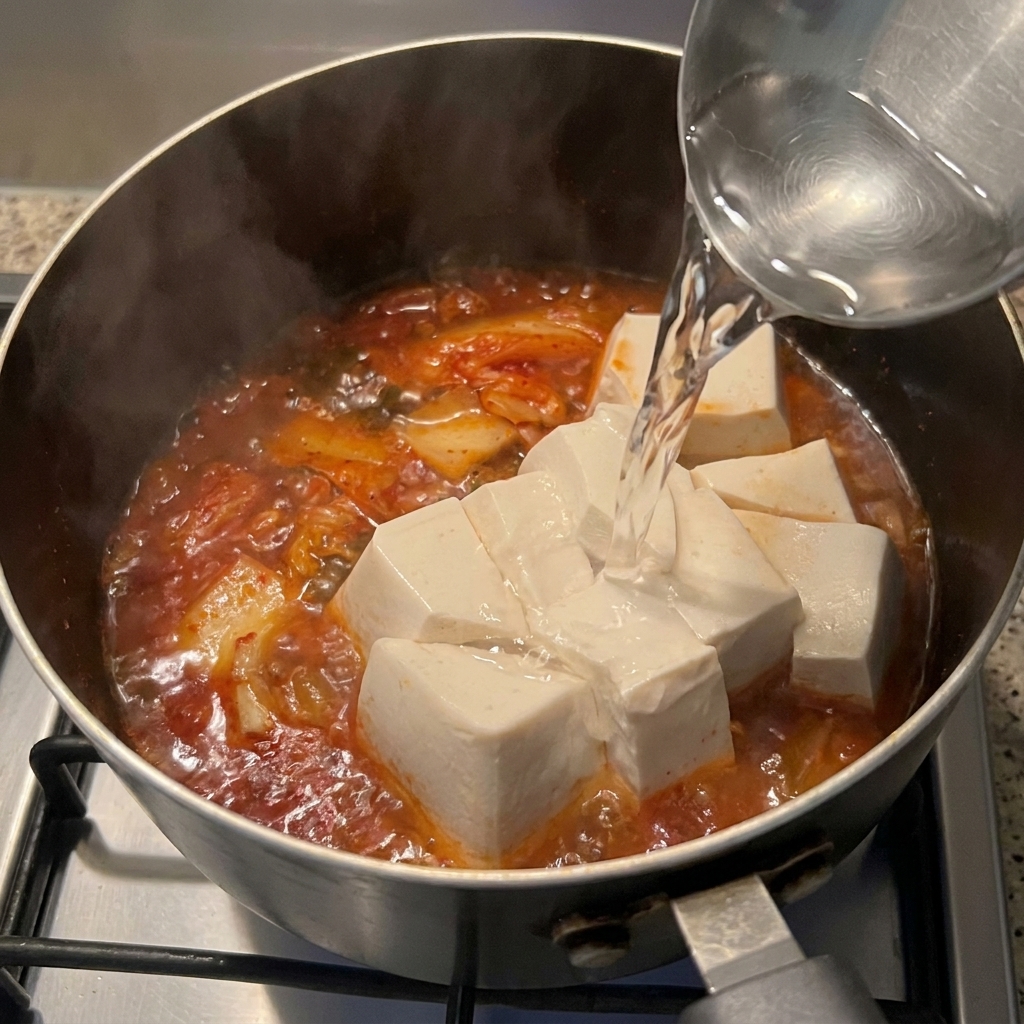 Kochendes Wasser wird aus einer Kelle über Tofu und Kimchi in den Topf gegossen.
