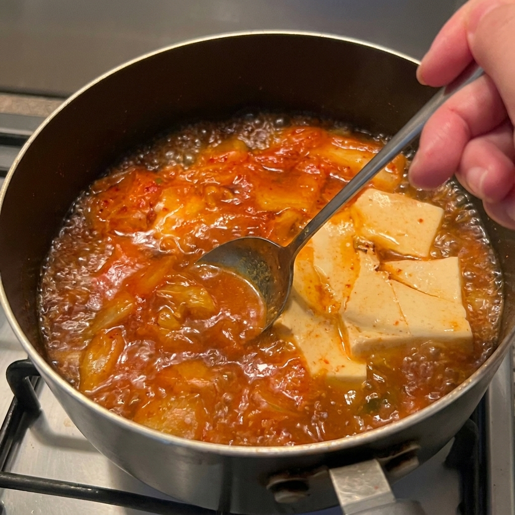 Ein Löffel rührt dunkelrote Chilipaste in die brodelnde orangefarbene Suppe ein.
