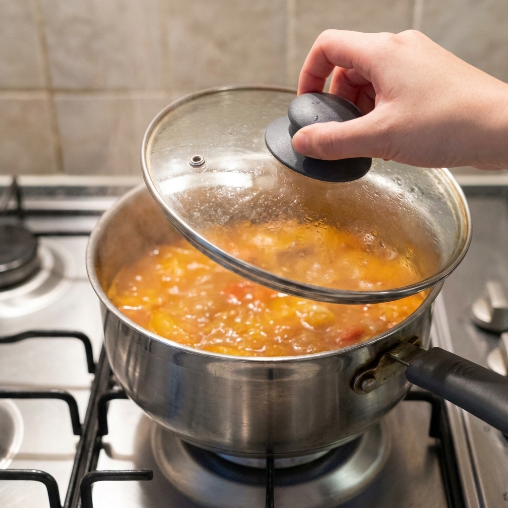 Ein Glasdeckel wird von einem Topf mit brodelndem, rötlichem Kimchi-Eintopf gehoben.