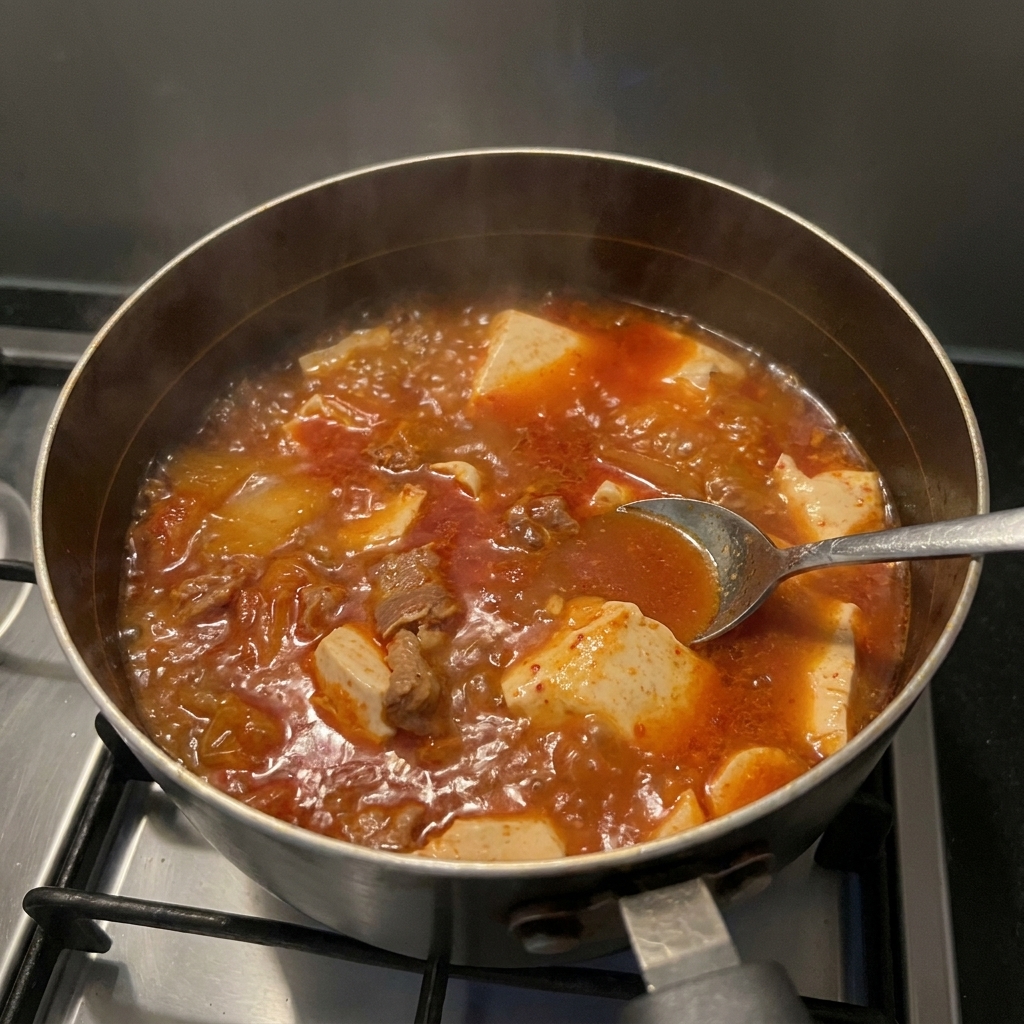Ein Löffel hebt Tofu und Fleisch aus dem dampfenden Kimchi-Eintopf.