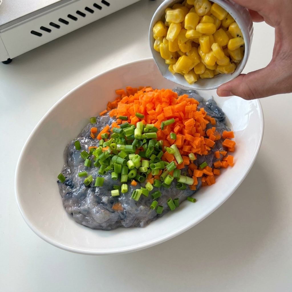 Gehackte grüne Frühlingszwiebeln werden aus einem kleinen Schälchen zur Garnelenpaste und den Karotten gegeben.