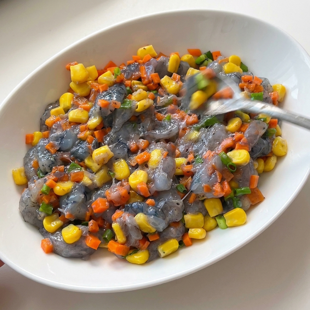Ein Metalllöffel rührt eine bunte Mischung aus Garnelenpaste, Karotten, Zwiebeln und Mais in einer weißen Schüssel um.