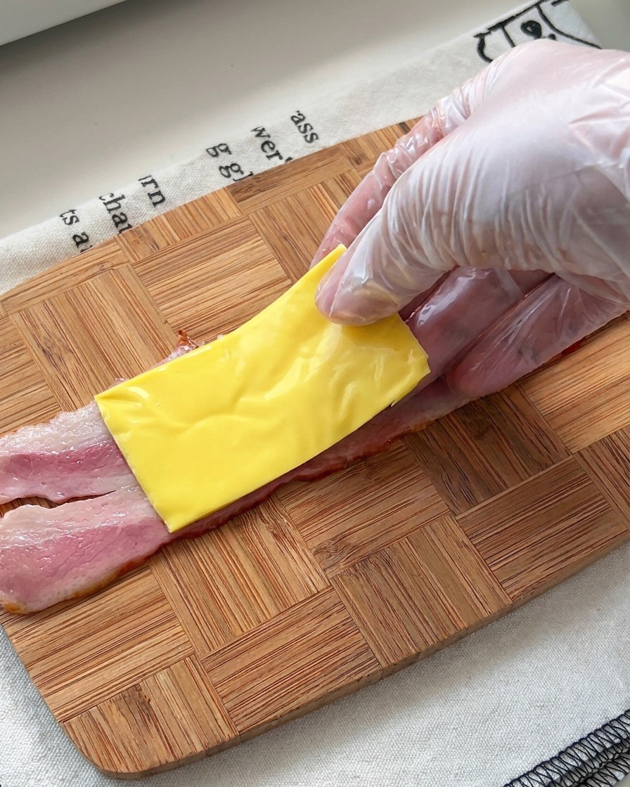 Eine Hand mit Handschuh legt eine gelbe Käsescheibe auf einen Streifen rohen Speck auf einem Holzbrett.