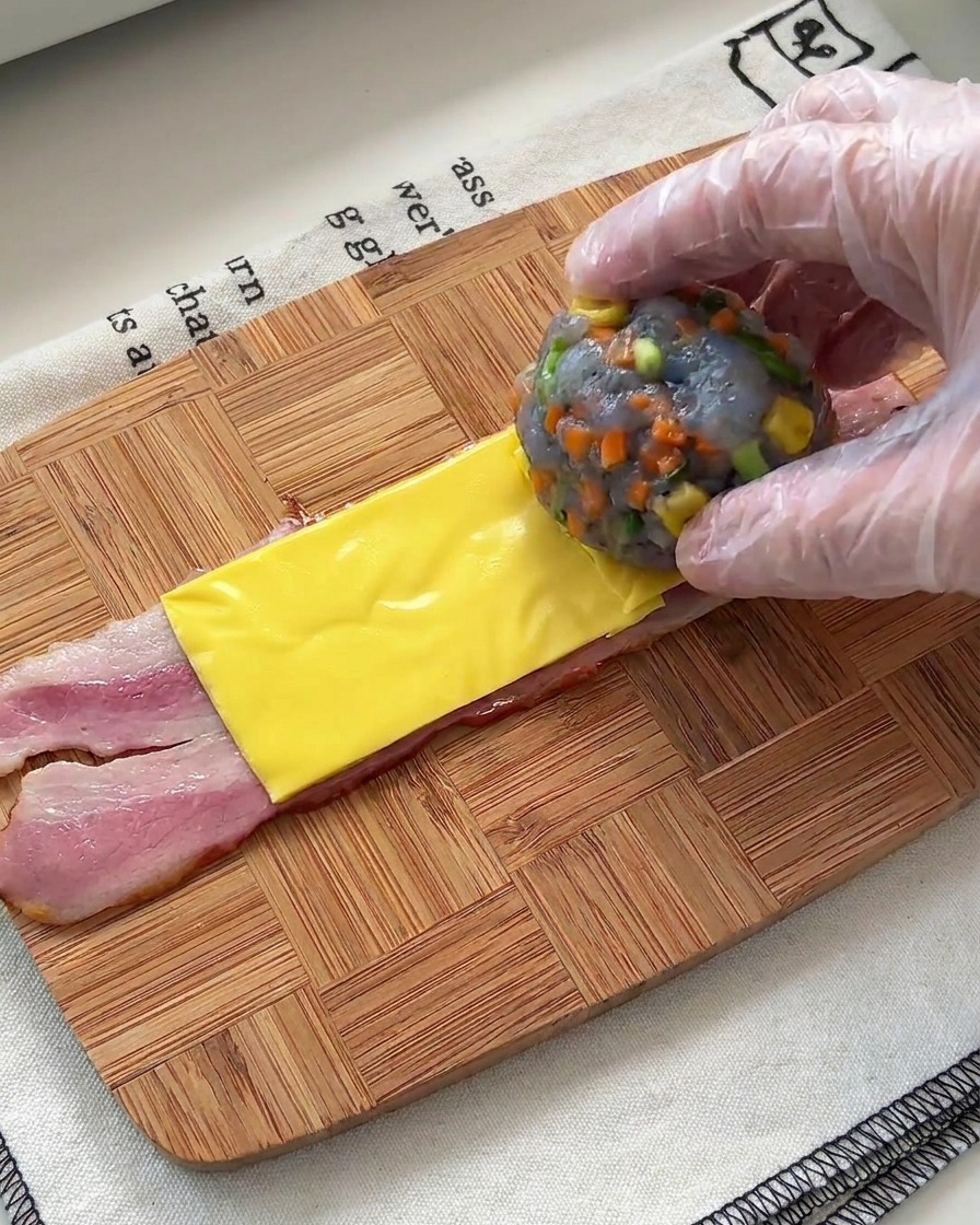 Eine Hand legt eine Portion der bunten Garnelenpaste auf den mit Käse belegten Speckstreifen.
