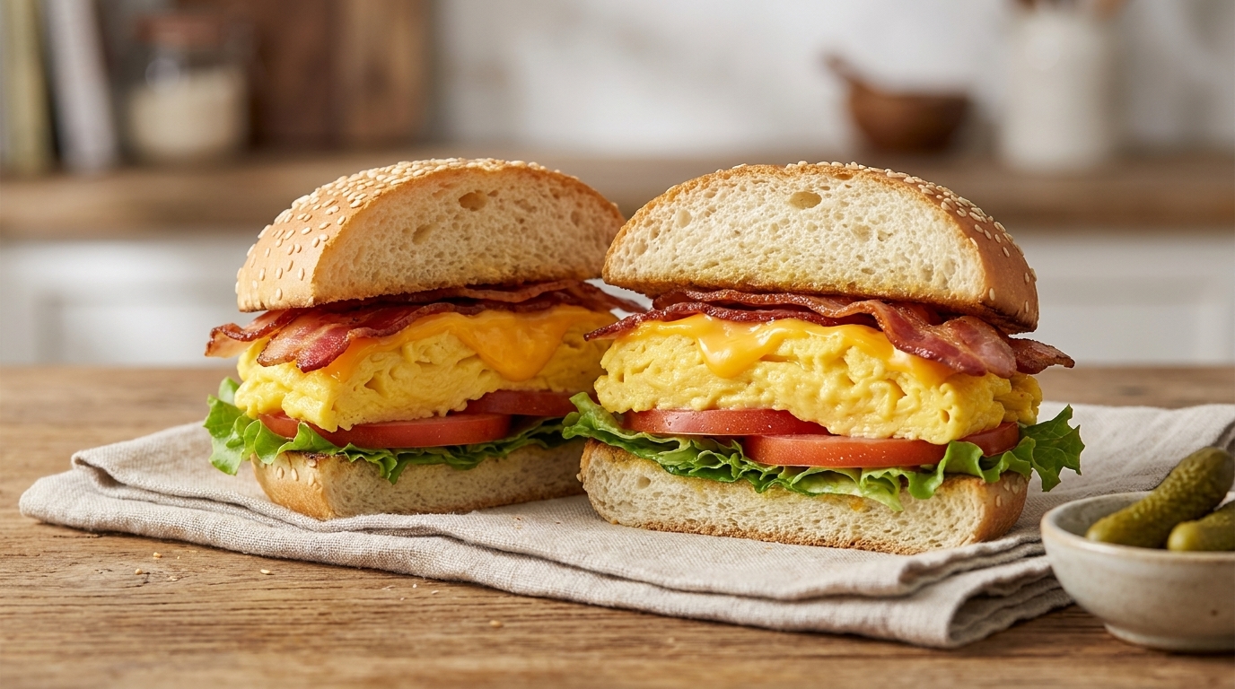 Ultimativer Frühstücksburger mit cremigem Rührei & knusprigem Speck