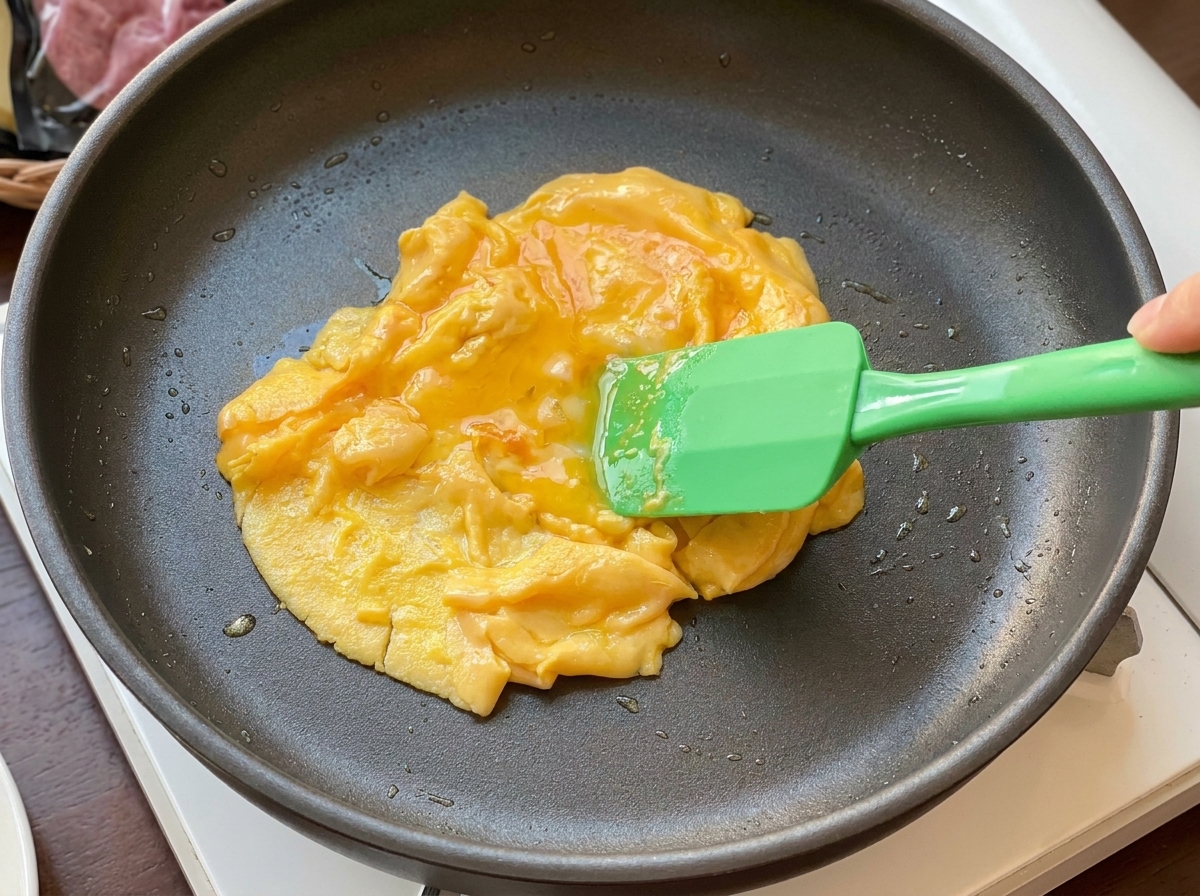 Ein Pfannenwender hebt zartes Rührei aus einer beschichteten Pfanne.