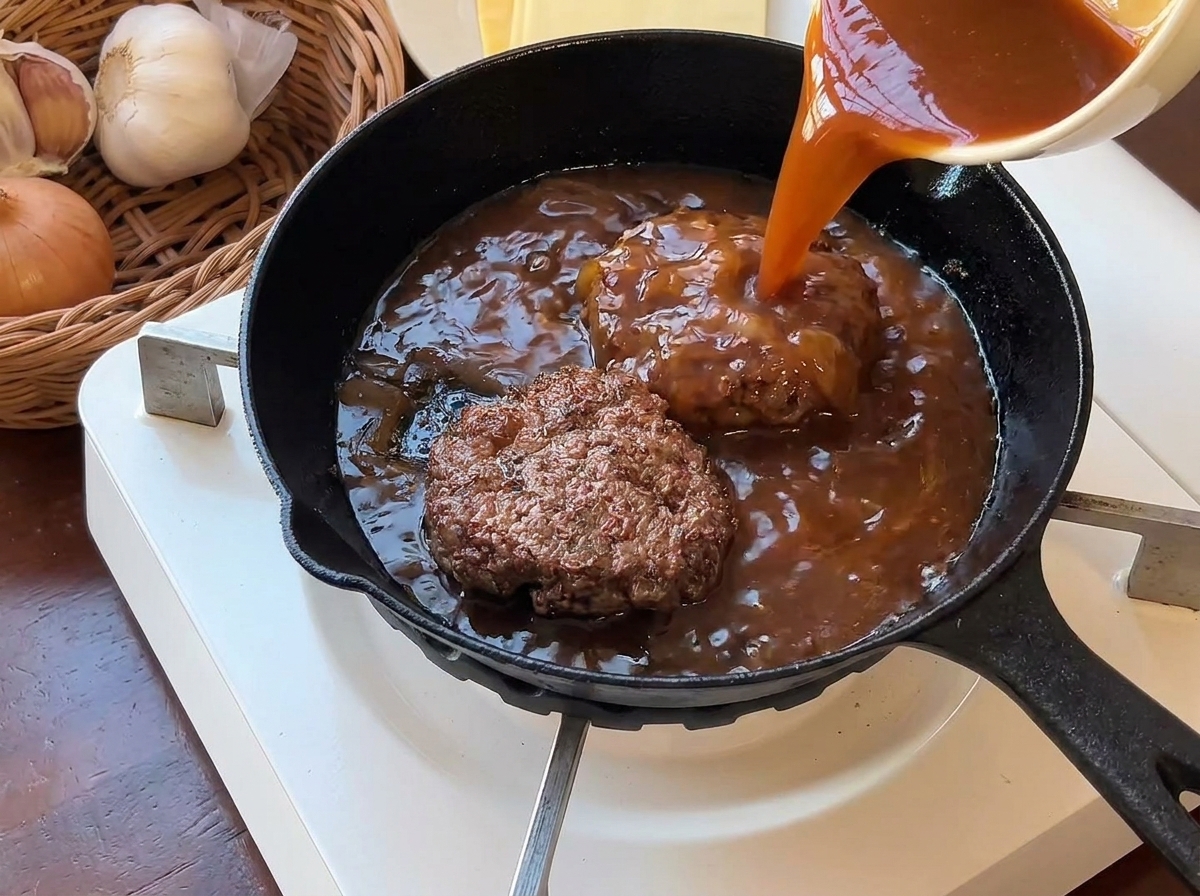 Dicke braune Sauce wird über die angebratenen Hamburg Steaks in einer schwarzen Pfanne gegossen.