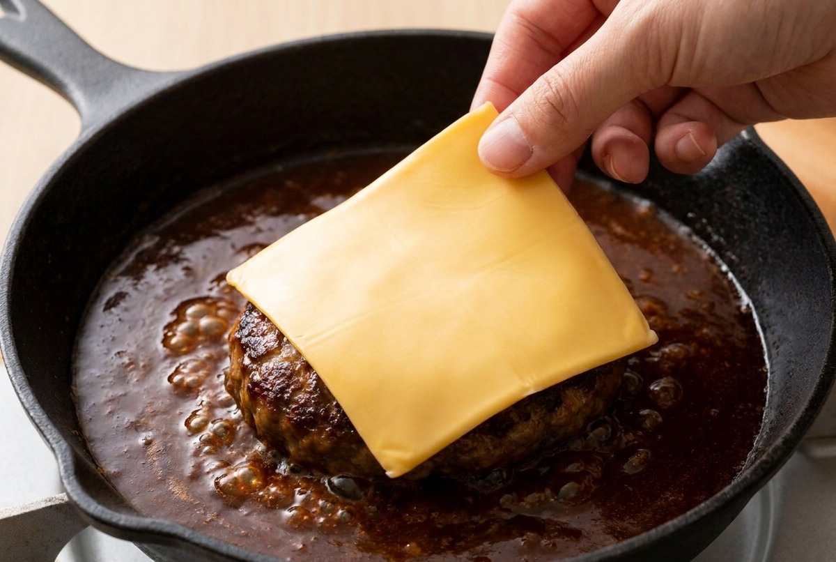 Eine Hand legt eine quadratische Scheibe Käse auf ein Hamburg Steak, das in dunkler Sauce köchelt.