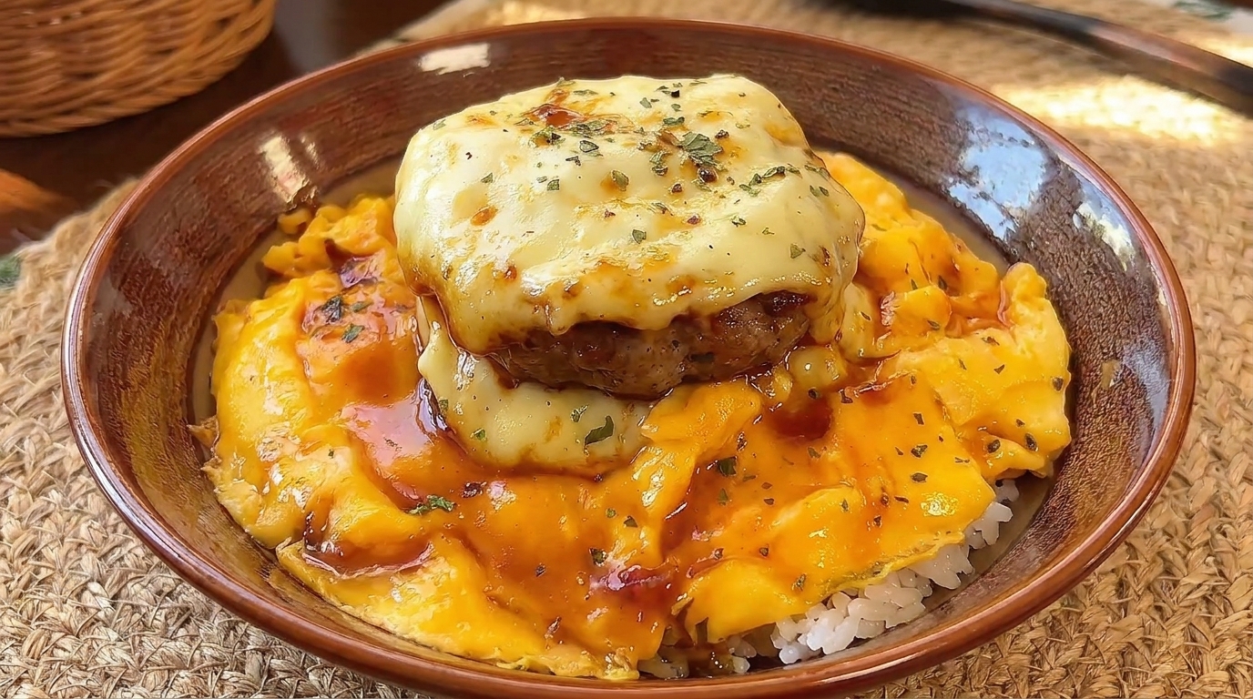 Ein saftiges Hamburg Steak mit schmelzendem Käse und dunkler Glasur auf einem Bett aus zartem Rührei.