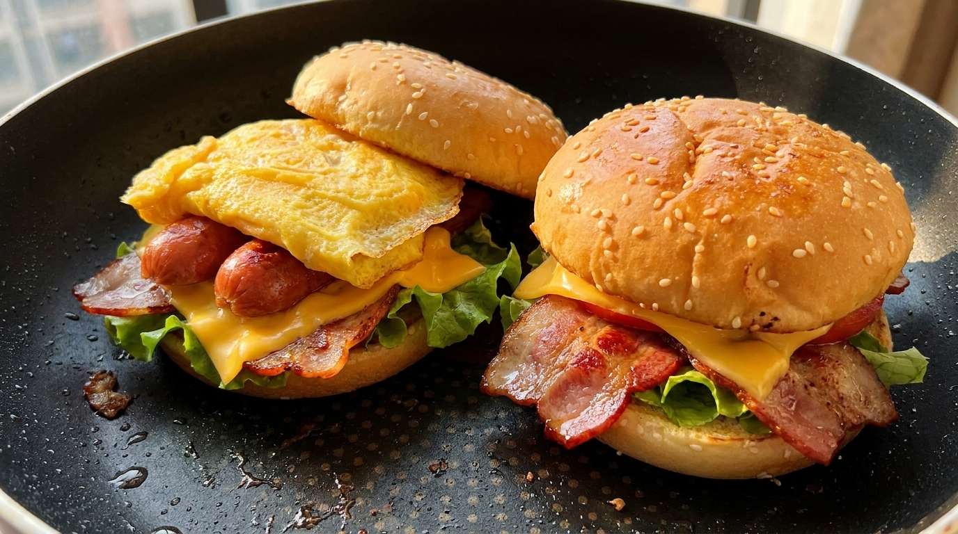 Selbstgemachter Frühstücks-Burger mit Speck, Ei und Würstchen