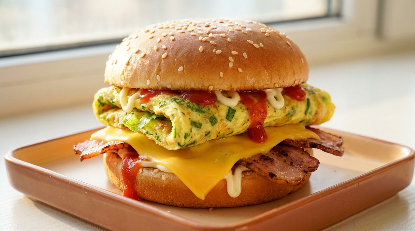10-Minuten-Frühstücks-Burger mit Speck und Ei