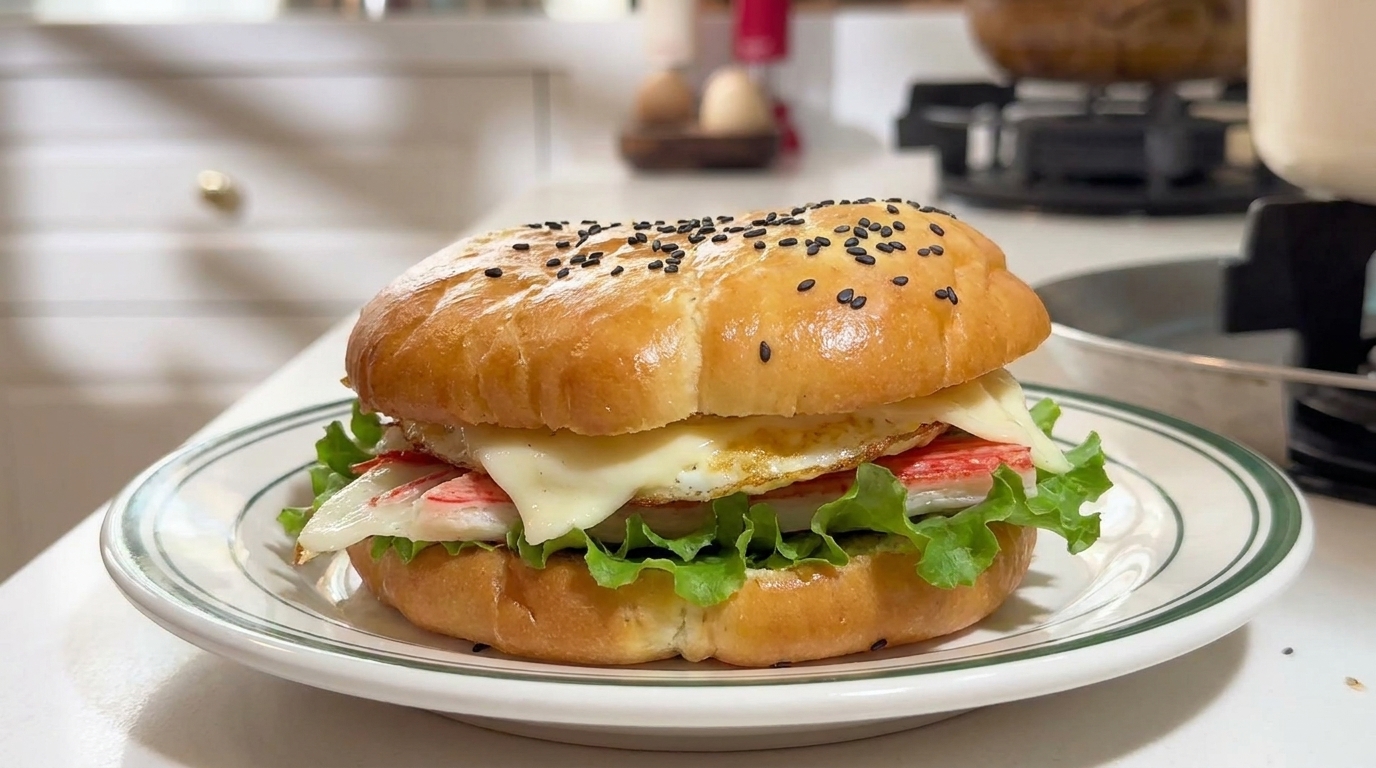 Butter-Pancake-Frühstücksburger mit Ei und Surimi