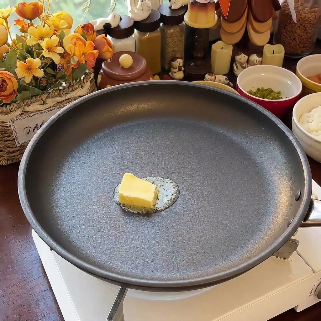 Ein Stück gelbe Butter schmilzt brutzelnd in der Mitte einer dunkelgrauen Pfanne.