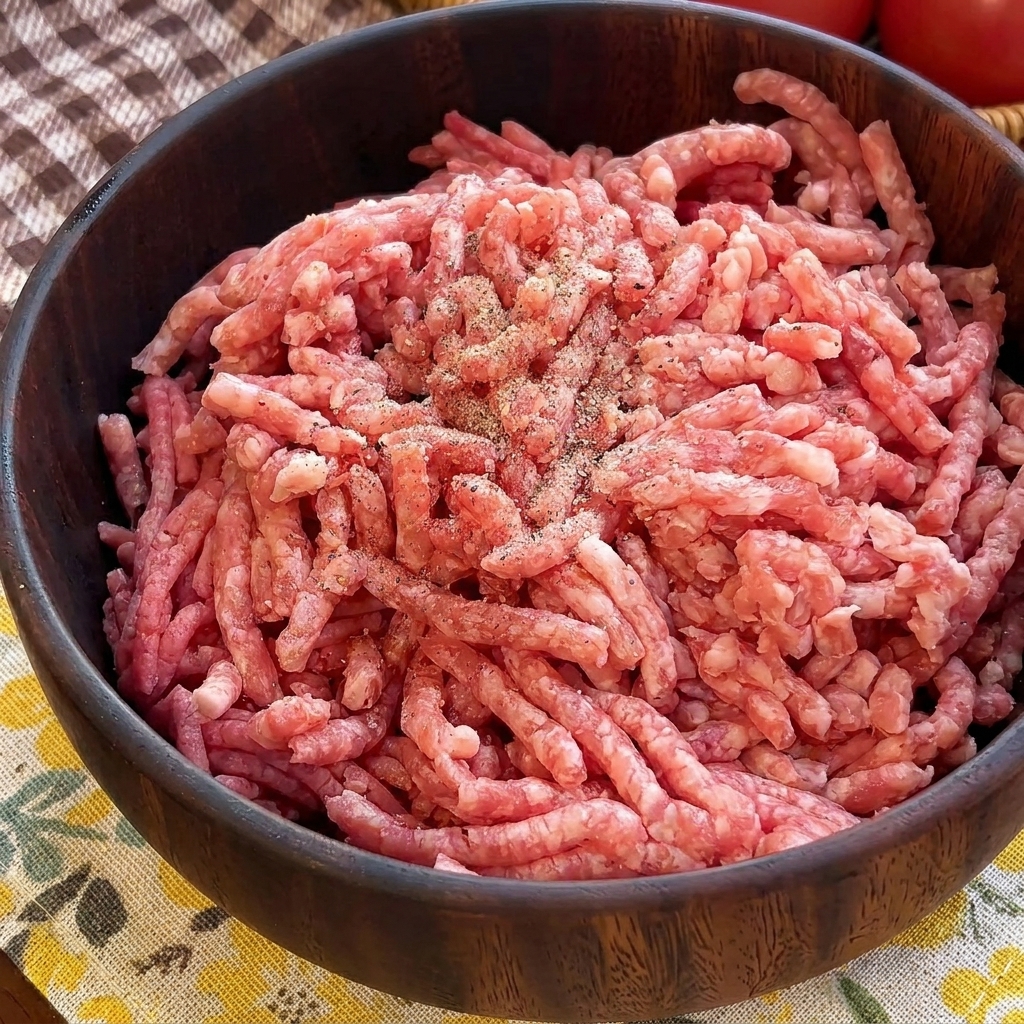 Frisch gemahlener schwarzer Pfeffer und Salz liegen auf einem Haufen rohem Rinderhackfleisch in einer Holzschüssel.