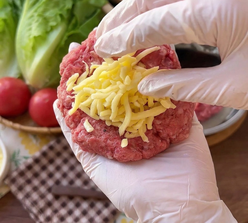 Eine Hand mit Handschuh hält ein rundes Patty aus rohem Fleisch, auf dem ein Haufen geriebener Mozzarella liegt.