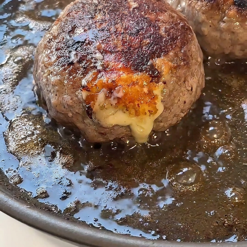 Nahaufnahme eines braun gebratenen Patties, aus dessen Seite goldener, geschmolzener Käse hervorquillt.