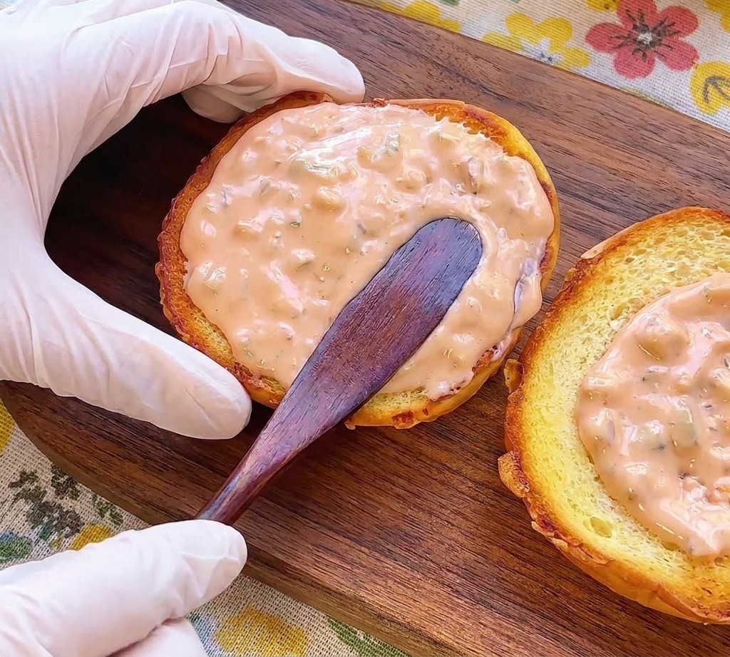 Ein hoher Burger mit geschmolzenem Käse und Speck auf einem Holzbrett neben frischen Kirschtomaten.