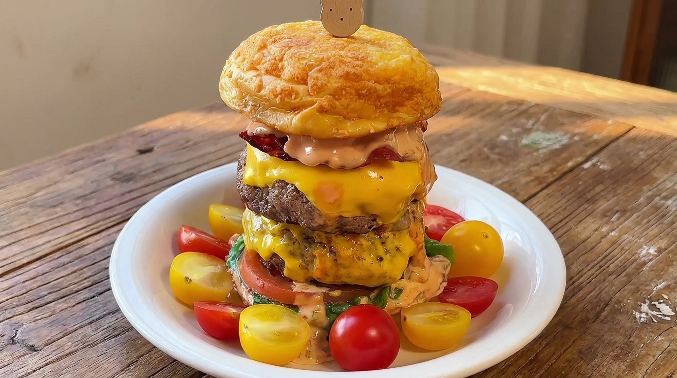 Double Cheese Lava Beef Burger mit knusprigem Bacon