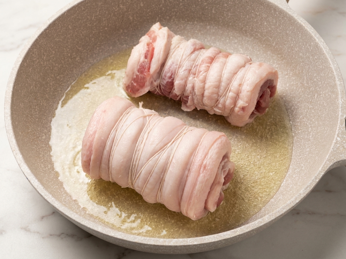 Zwei gebundene Schweinebauchrollen brutzeln in einer Pfanne mit heißem Öl goldbraun.